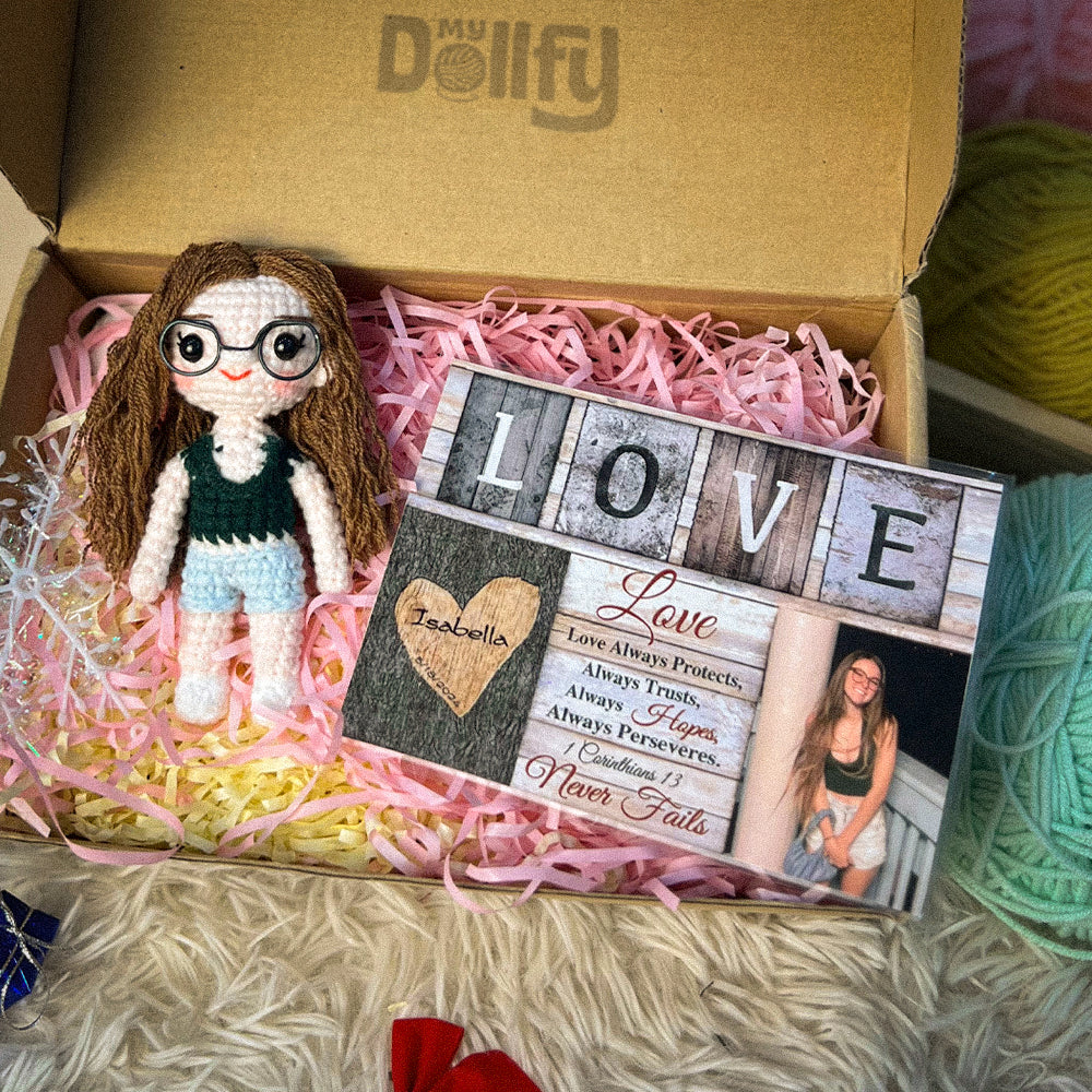 Personalized Crochet Doll with Photo Card "Love Never Fails 1 Corinthians 13"