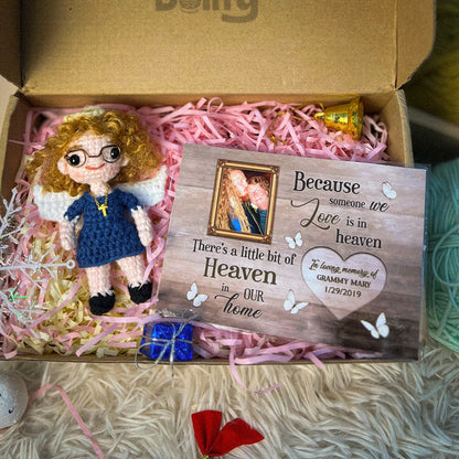 Personalized Crochet Doll with Photo Card "Because Someone We Love Is In Heaven"