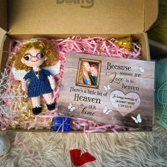 Personalized Crochet Doll with Photo Card "Because Someone We Love Is In Heaven"