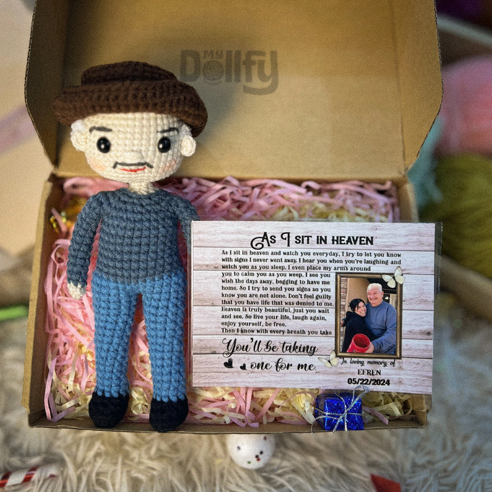 Personalized Crochet Doll with Photo Card "As I Sit In Heaven"