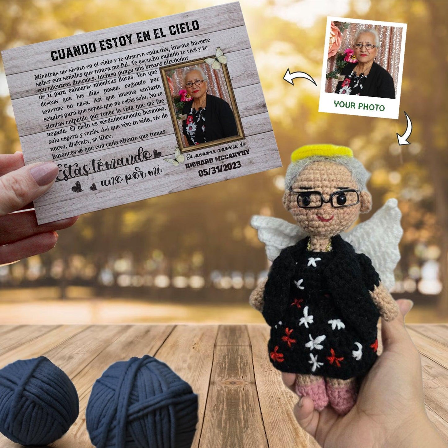 Personalized Crochet Doll with Photo Card "Cuando Estoy En El Cielo"