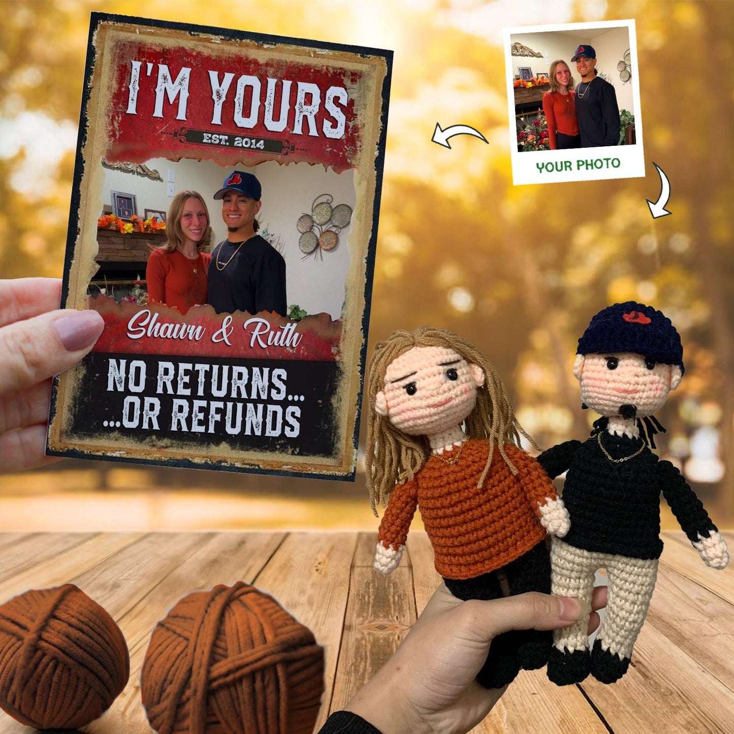 Personalized Crochet Doll with Photo Card "Im Yours No Returns"