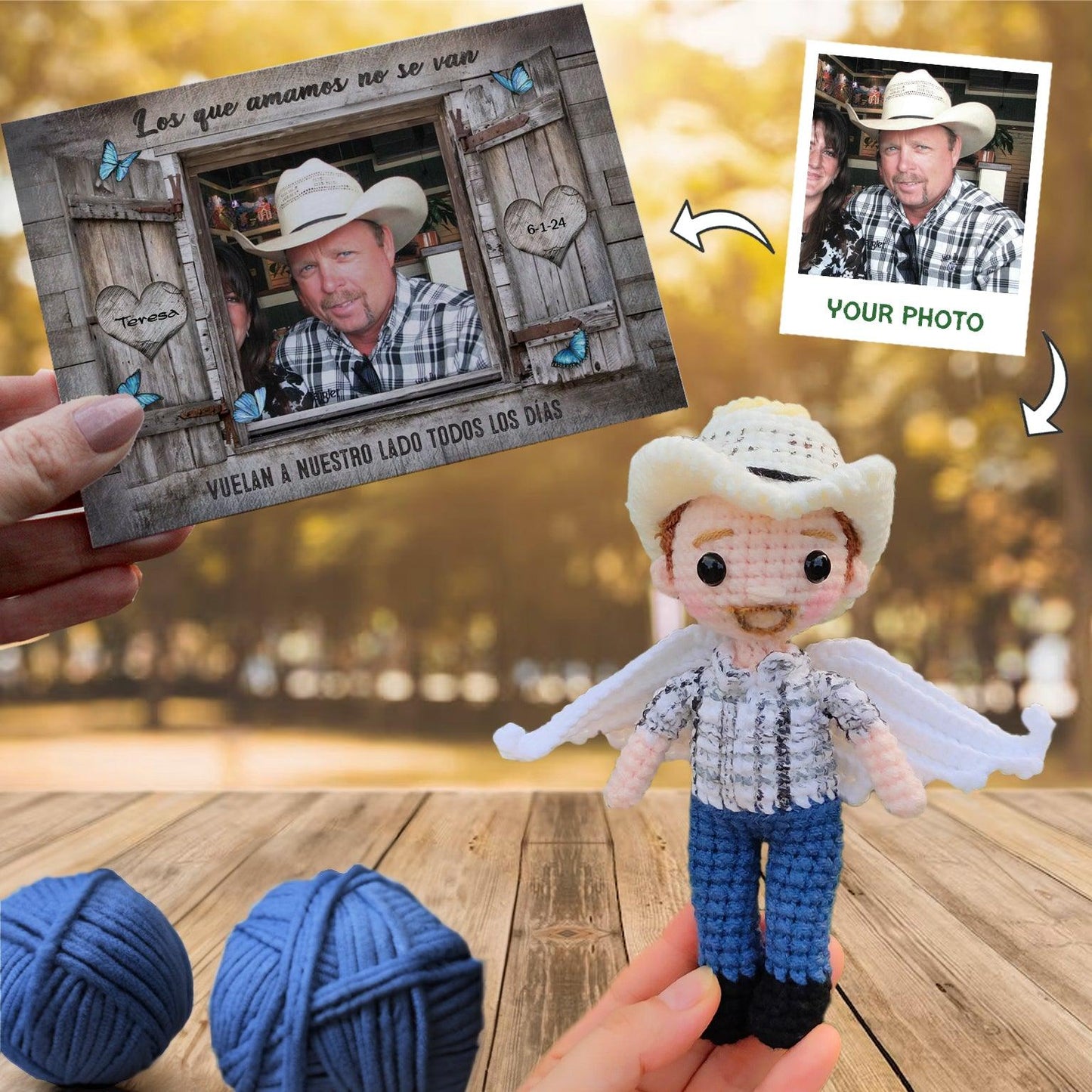 Personalized Crochet Doll with Photo Card "Los Que Amamos No Se Van 2"
