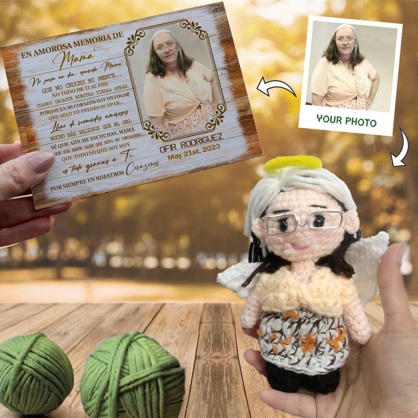 Personalized Crochet Doll with Photo Card "En Amorosa Memoria Mamá"