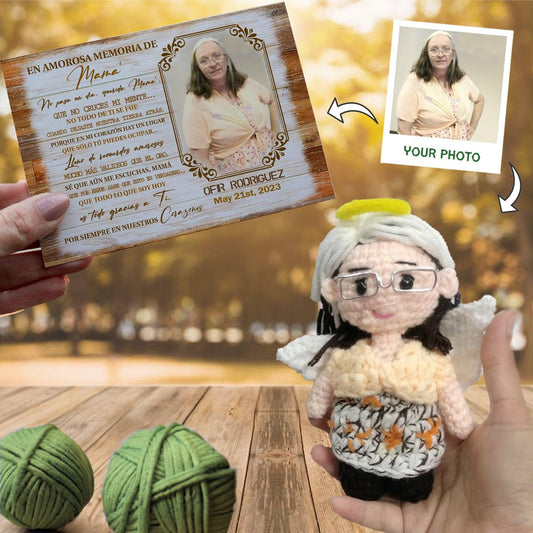 Personalized Crochet Doll with Photo Card "En Amorosa Memoria Mamá"