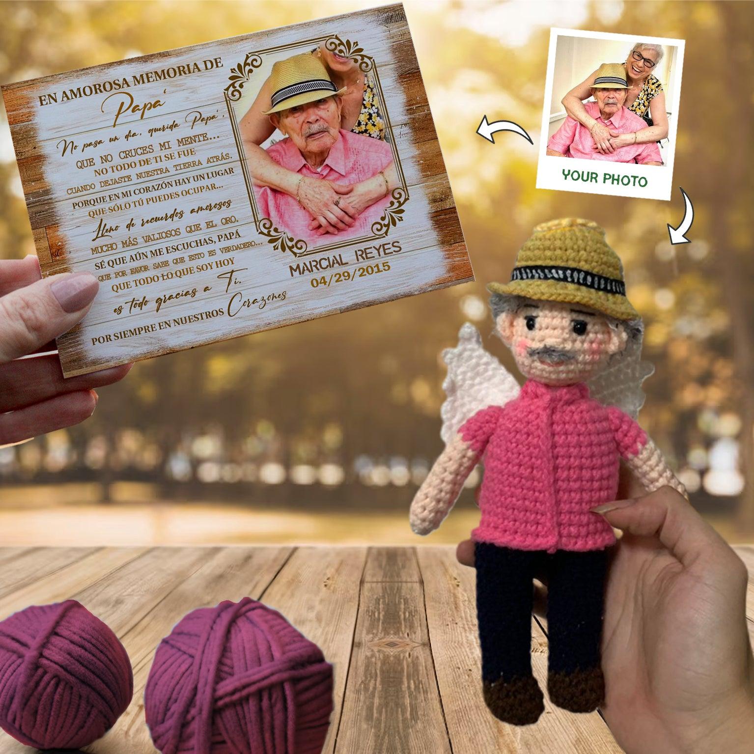 Personalized Crochet Doll with Photo Card "En Amorosa Memoria De Papá"