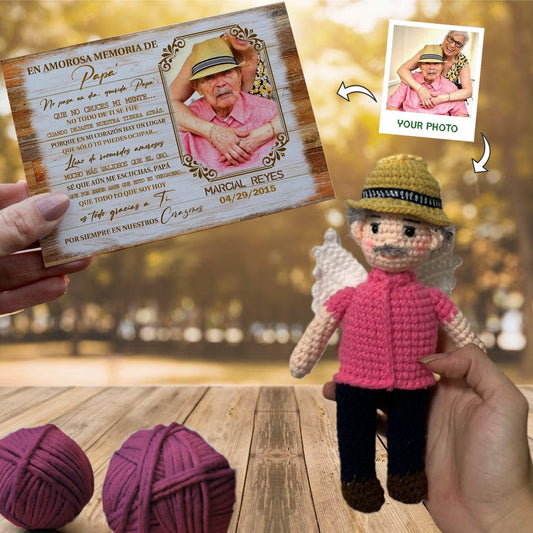 Personalized Crochet Doll with Photo Card "En Amorosa Memoria De Papá"
