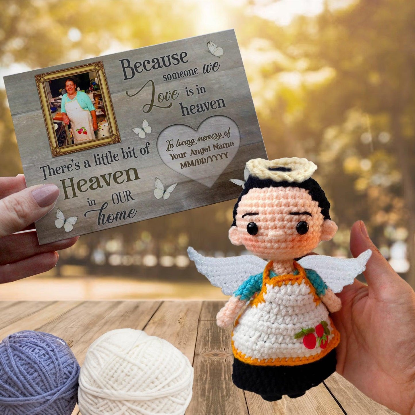 Personalized Crochet Doll with Photo Card "Because Someone We Love Is In Heaven"