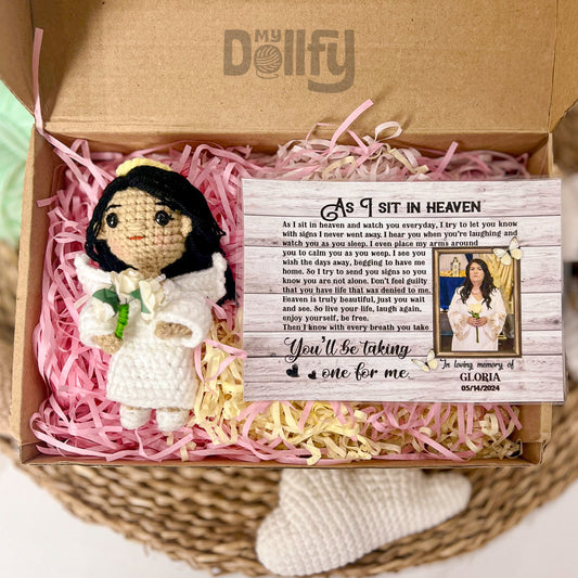 Personalized Crochet Doll with Photo Card "As I Sit In Heaven"