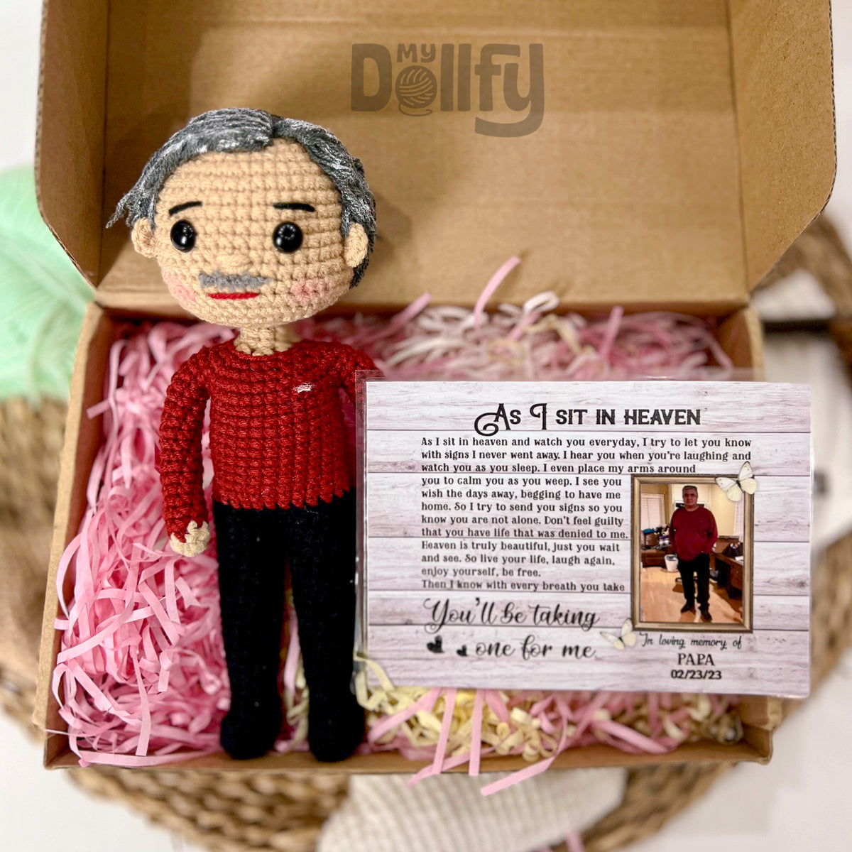 Personalized Crochet Doll with Photo Card "As I Sit In Heaven"