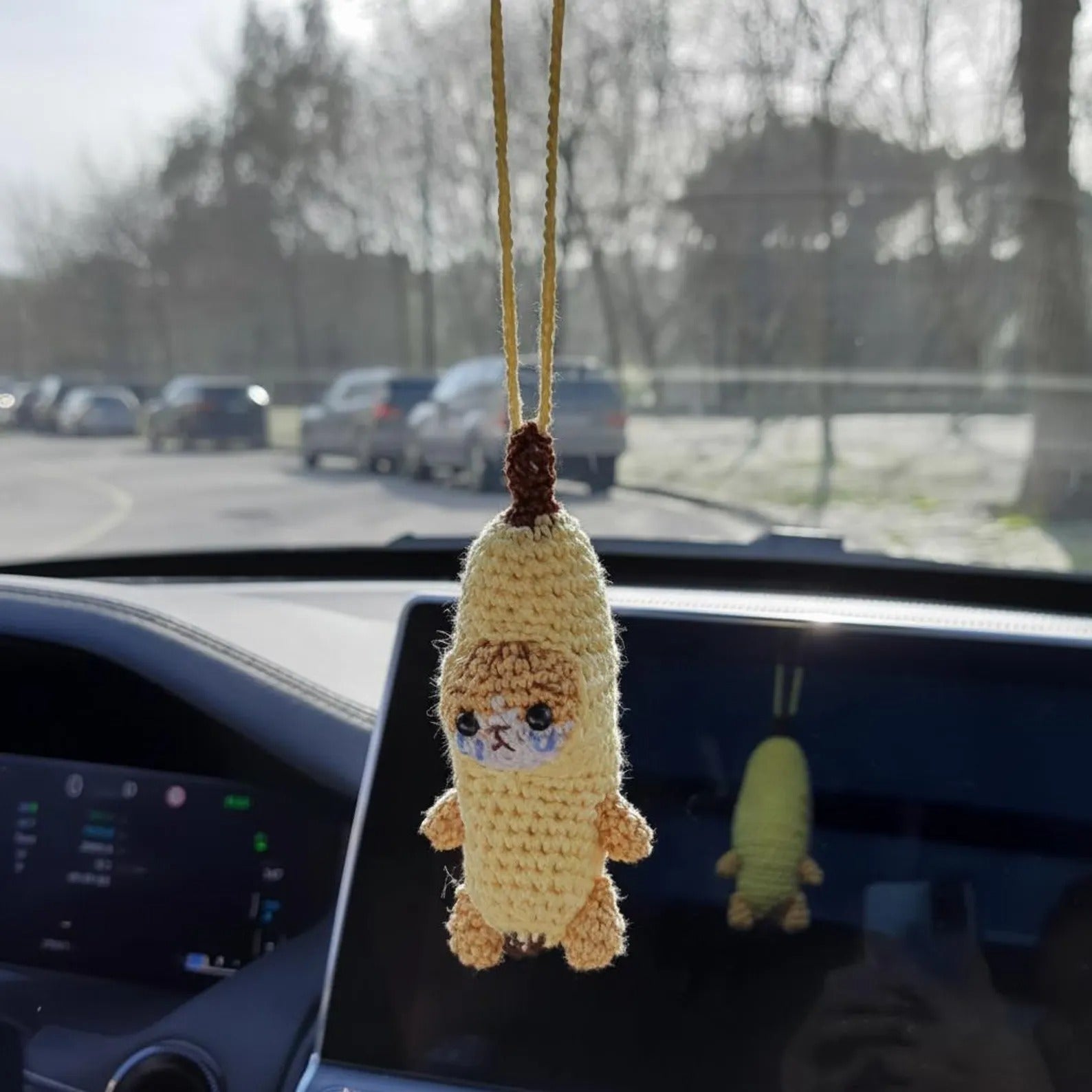 WoolyArtis™ - Handmade Crochet Crying Banana Cat Car Mirror Hanging Charm