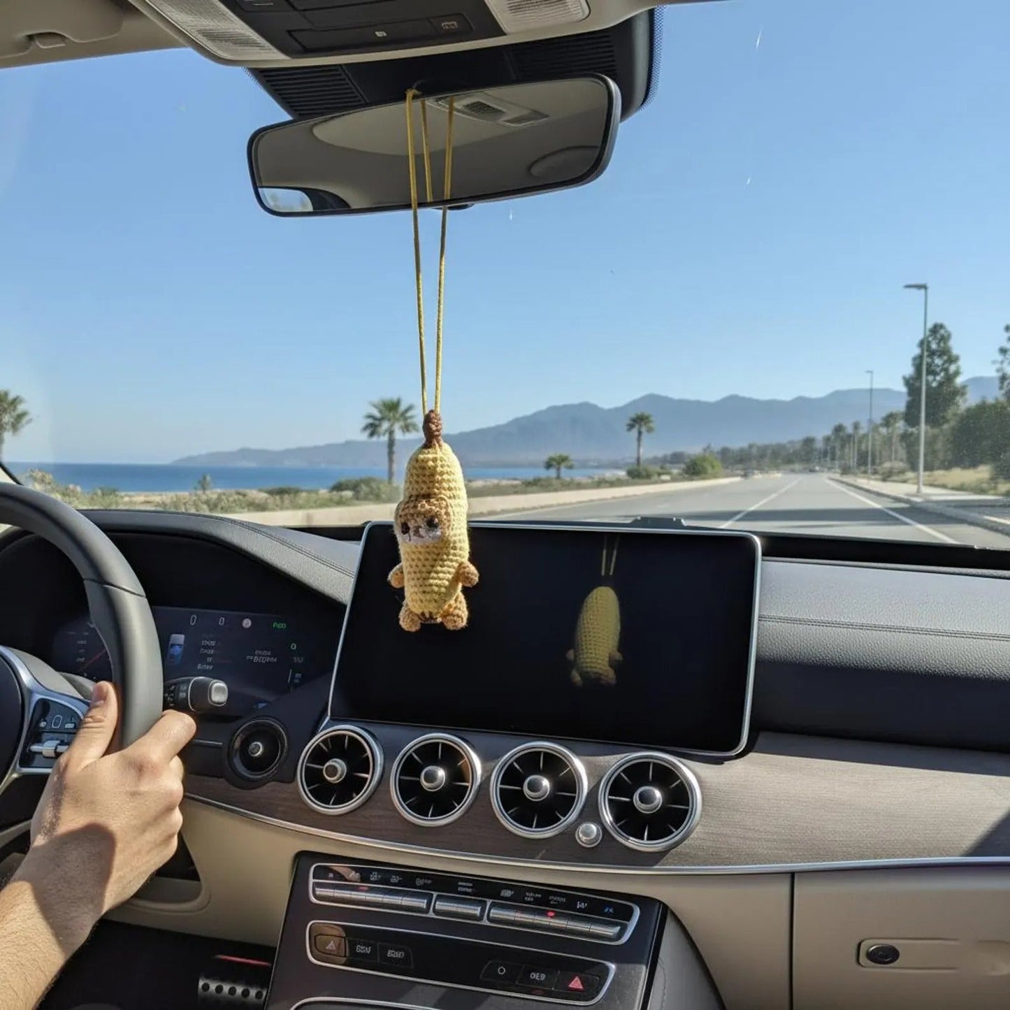 WoolyArtis™ - Handmade Crochet Crying Banana Cat Car Mirror Hanging Charm