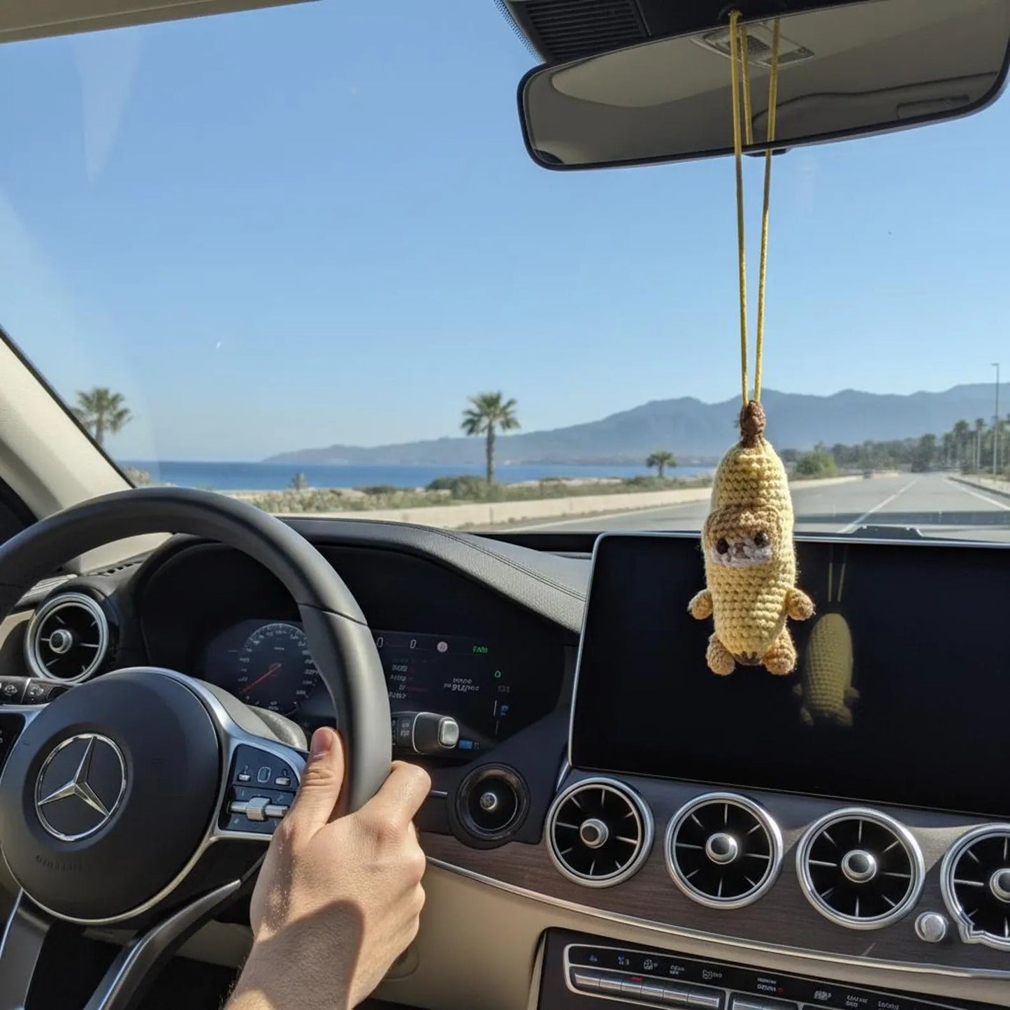 WoolyArtis™ - Handmade Crochet Crying Banana Cat Car Mirror Hanging Charm