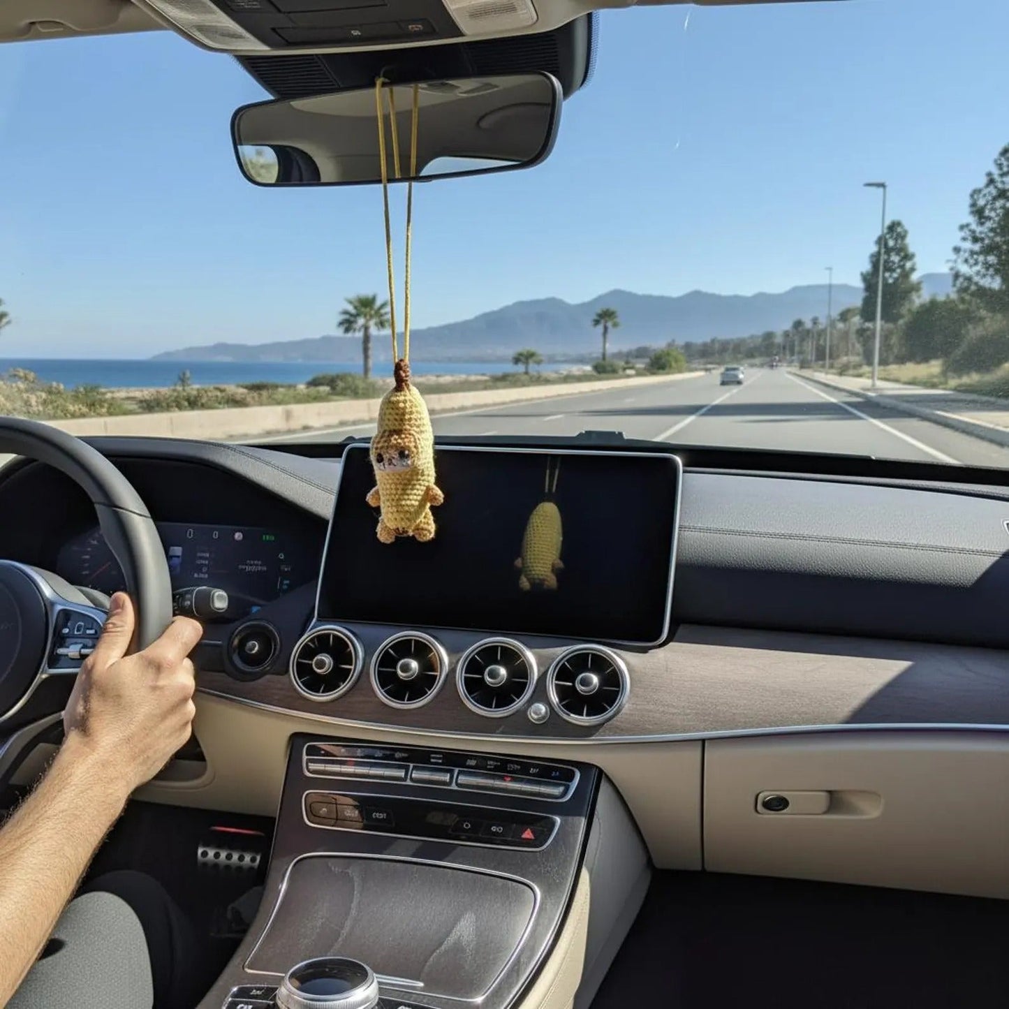 WoolyArtis™ - Handmade Crochet Crying Banana Cat Car Mirror Hanging Charm