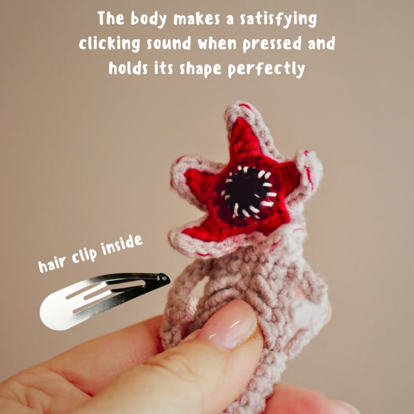 Crochet Demogorgon Fidget Keychain, Stranger Things Inspired Clicking Toy with Hidden Hair Clip