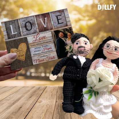 Personalized Crochet Doll with Photo Card "Love Never Fails 1 Corinthians 13"