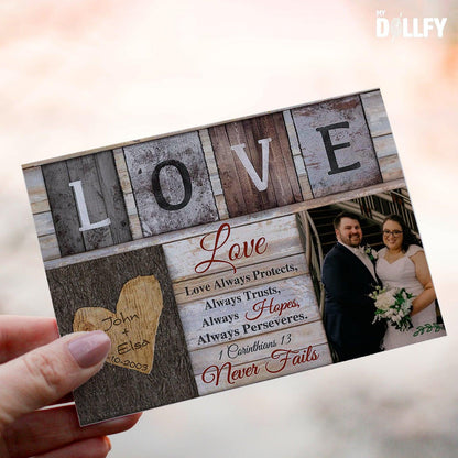 Personalized Crochet Doll with Photo Card "Love Never Fails 1 Corinthians 13"