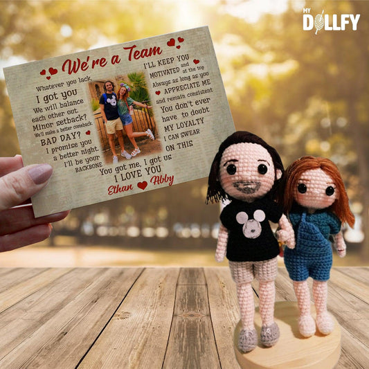 Personalized Crochet Doll with Photo Card "We're a Team"