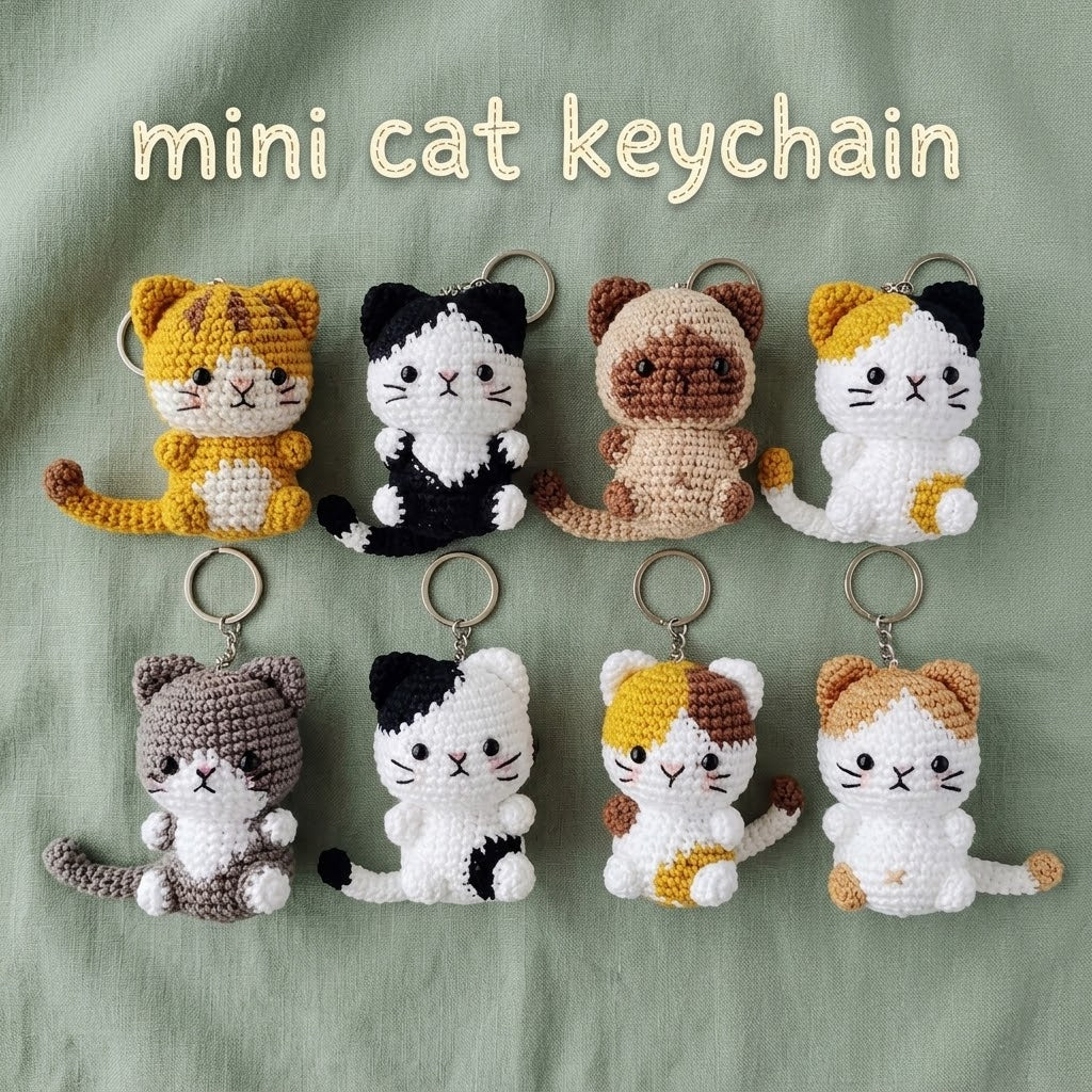 WoolyArtis™ -Tiny Crochet Cat Plushie – Handmade Amigurumi Kitten Keychain Charm