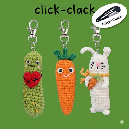 Handmade Crochet Sensory Fidget Keychains - Satisfying 'Click-Clack' Bunny, Carrot, Pickle - Cozy Gift for Stress Relief, ADHD, Anxiety